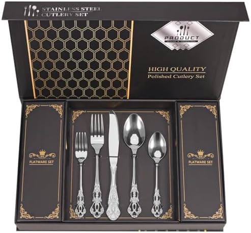 Retro Royal Silverware Set With Gift Box, 60-Pieces Cutlery Set Utensils Stainless Steel Flatware For 12 MIKIWAY Kitchen Tableware Set For Gifts Festive, Dishwasher Safe, Mirror Polishing by MIKIWAY