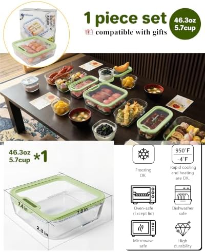1-Pack Glass Food Storage Containers with Tempered Lids, 5.7Cup Borosilicate Glass Meal Prep Containers, Airtight & Oven-Safe (-4°F~950°F), BPA-Free, （Olive green） - Image 5