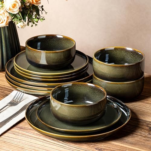TheTerra Ceramic Dinnerware Set for 4, 12-Piece Plates and Bowls Set by TheTerra