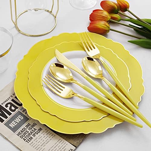 WDF 150pieces Yellow Disposable Dinnerware Hign-end Baroque Design - Sturdy&Durable Baroque Yellow Sunshine&Gold Plastic Dinnerware for Upscale Wedding & Thanksgiving Parties (Pack of 2) - Image 4