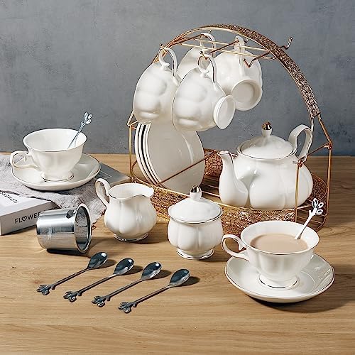 CHENP.HMC Tea Set 22-Piece Porcelain Ceramic Coffee Tea Gift Sets Cups Saucer Service for 6 Teapot Sugar Bowl Creamer Pitcher and Teaspoons (White) - Image 3