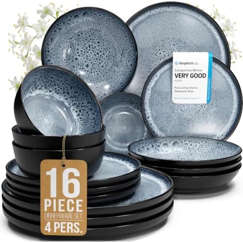 16 Piece Stoneware Dinnerware Set for 4, Handcrafted Plates and Bowls Set by PURELIVING