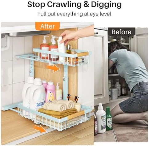 PXRACK Under Sink Organizer, Adjustable Height, 2 Tier Pull Out Under Cabinet Organizer, Slide Out Thickened Metal Under Sink Storage for Kitchen Bathroom Laundry Pantry Cabinet, Blue, Large-1-Pack - Image 3