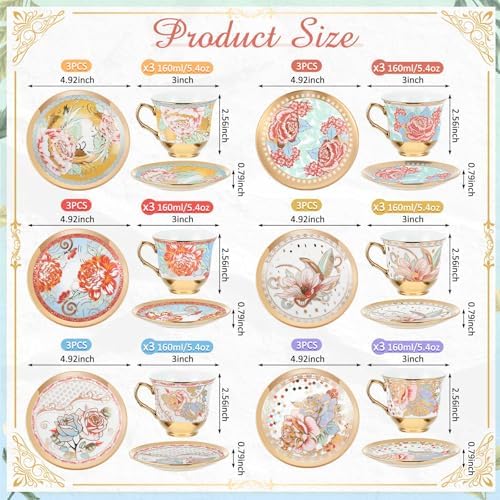 Teenyyou Set of 18 Tea Cups and Saucers, Vibrant Style, 5.4 oz - Image 2