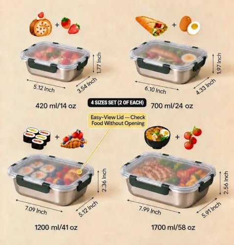 8 PCS Stainless Steel Lunch Box 4-Size Food Storage Containers with Lids - Image 6