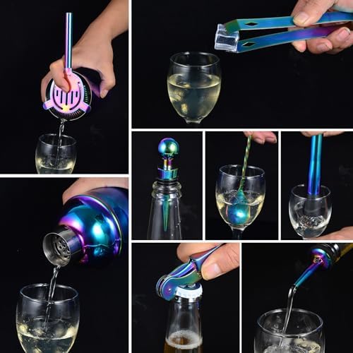 Safring Bartender Kit with Stand, 12-Piece Bar Set | 24oz Cocktail Shaker Set for Drink Mixing, Martini Shaker Set with Bar Tools, Recipes Booklet | Fun Housewarming Gift (Rainbow) - Image 4
