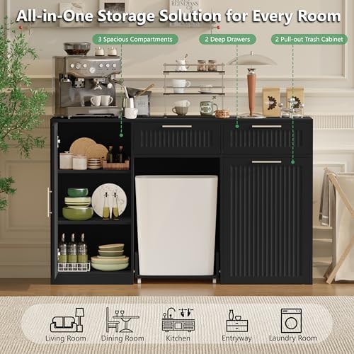 Double 13 Gallon Pull Out Trash Can Cabinet with Storage Cabinet,Black - Image 3