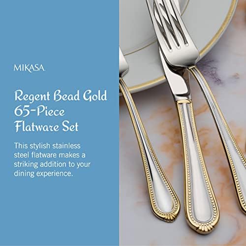 Mikasa, Gold Accent Regent Bead Flatware Service for 12, 65 Piece Set, 18/10 Stainless Steel, Silverware Set with Serving Utensils (Pack of 2) - Image 3