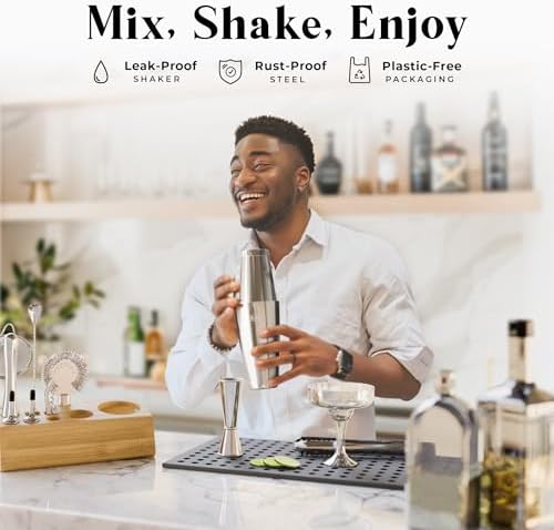 BARE BARREL® Mixology Bartender Kit Bar Set | 14-Piece Cocktail Shaker Set | Martini Barware Mixing Tools for Home Bartending | Incl. 35 Recipe Cards | Gift Set (28oz Boston Shaker, Silver/Natural) - Image 3