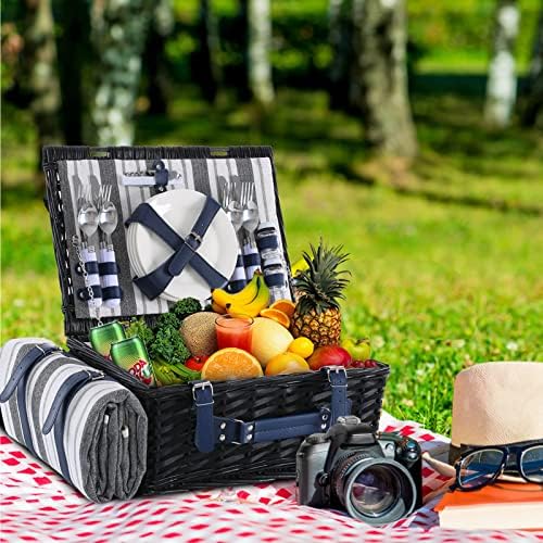 Wicker Picnic Basket for 4 with Blanket Grey & White Stripe - Image 2
