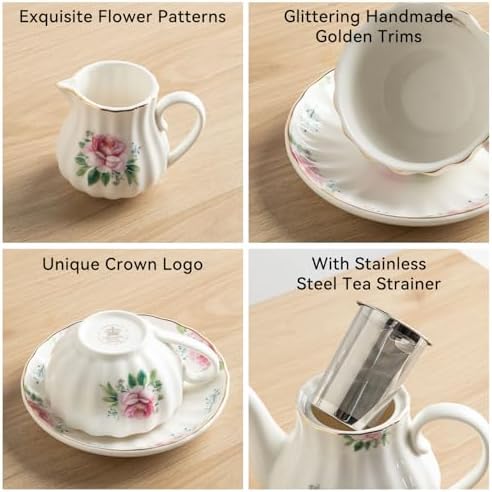 Porcelain Tea Sets British Royal Series, 8 OZ Cups & Saucer Service for 6, with Teapot Sugar Bowl Cream Pitcher Teaspoons and Tea Strainer, Suitable for High Tea, Wedding, Party(Blush Pink) - Image 4