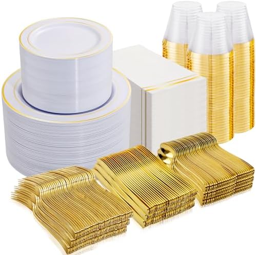 NOCCUR 700PCS Gold Plastic Plates - Gold Disposable Dinnerware Set for 100 - Include 200 Dinner/Dessert Plates, 300 Cutlery, 100 Cups, 100 Napkins, Idea for Wedding/Party/Fall/Thanksgiving by NOCCUR