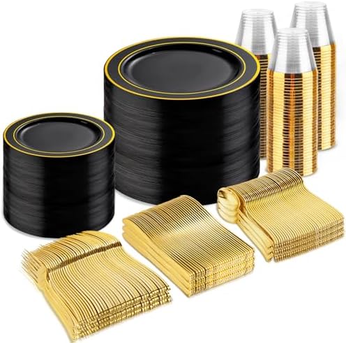 bUCLA 600PCS Black and Gold Disposable Dinnerware Set - Black Plastic Plates Disposable for Party Include 100 Dinner&100 Dessert Plates,100 Knives,100 Forks,100 Spoons,100 Cups for Party & Graduation by BUCLA