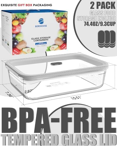 2 Pack Glass Food Storage Containers with Tempered Glass Lids & Steam Valve, 74oz(9.3 Cup) Airtight Leak-Proof Meal Prep Containers for Microwave/Oven/Freezer, Borosilicate Glass, Gift Box - Image 2
