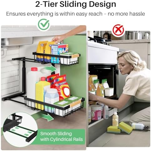 Kitstorack Under Sink Organizer, 2 Tier Under the Sink Storage, Slide out Pull out Cabinet Organizer Shelf, Metal Sliding Drawer for Kitchen Bathroom Pantry Closet Organization Rack, Black, 1 Pack - Image 6