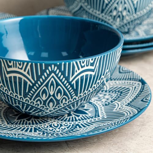 Bzyoo 12-Piece Ceramic Dinnerware Set: La La Mandala Blue Dish Set Design for Every Occasion - Microwave & Dishwasher Safe Stackable Plates Bowls - Image 5