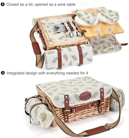 Multifunctional Wicker Picnic Basket Set for 4 with Blanket and Picnic Table, Insulated Picnic Set with Full Tablewares for Camping Outdoor Couples,Leaf - Image 2