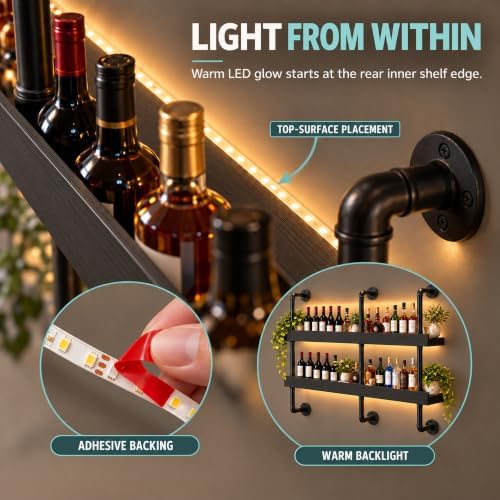 55IN 3-Tier Black Pipe Wall Mounted Wine Rack with Warm LED Light - Image 4