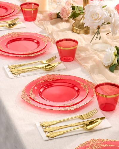 Bestluck 350PCS Clear Red Plastic Plates for 50 Guests - Image 7