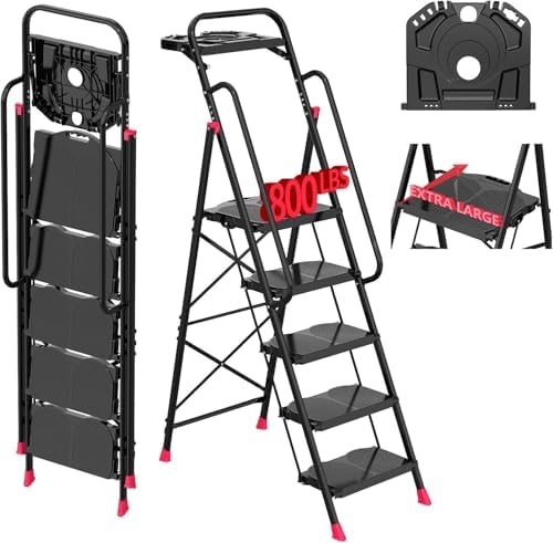 5 Step Foldable Step Ladder Stool with Roomy Tool Tray and Secure Handrail, Foldable Platform Ladder 5 Step Folding Stepstools with Wide Pedals and 800lbs Weight Capacity for Adults, Home, Kitchen by DIAMONDFORGE