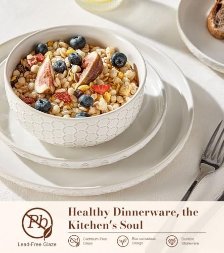 Lareina 18 Piece Dinnerware Sets for 6, Farmhouse Style Stoneware Plates and Bowls Sets, Embossed Boho Ceramic Dish Set, Scratch Resistant & Dishwasher Safe, Ivory White - Image 2
