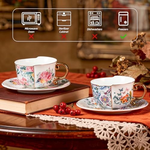 KAMMAK Tea Cups and Saucers Set of 2, Fine Bone China Coffee Cups, YX011 - Image 6