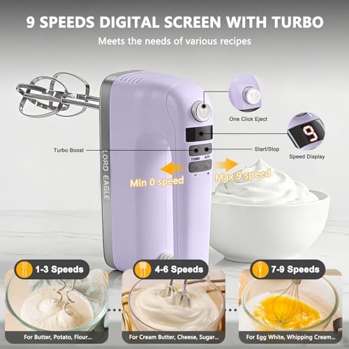 Lord Eagle 9-Speed Digital Hand Mixer Electric Handheld, 500W DC Motor - Image 2