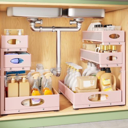 Kitstorack Under Sink Organizer 3-Tier Slide Out Drawer 2-Pack Pink by Kitstorack