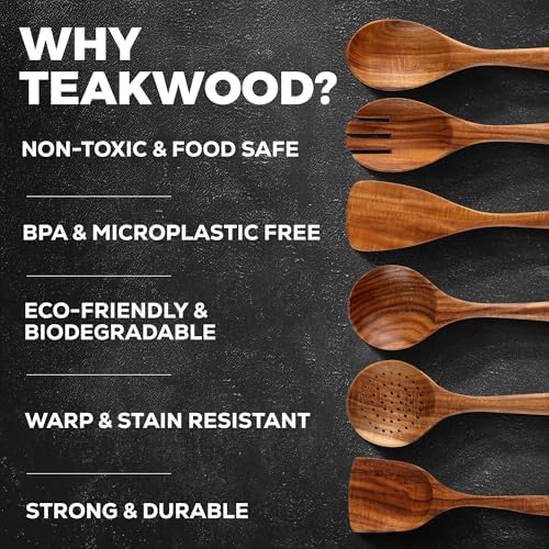 Zulay Kitchen 7-Piece Wooden Cooking Spoons Set – Heat-Resistant, Smooth Teak Utensils with Comfort Grip – Lightweight & Durable – Easy to Clean, Perfect for Non-Stick Cookware - Image 4