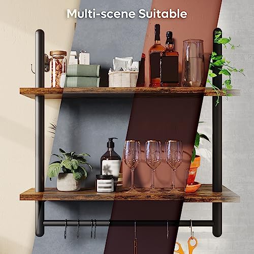 Bestier 24" 2 Tier Industrial Pipe Wall Shelf with 8 Hooks, Rustic Brown - Image 3