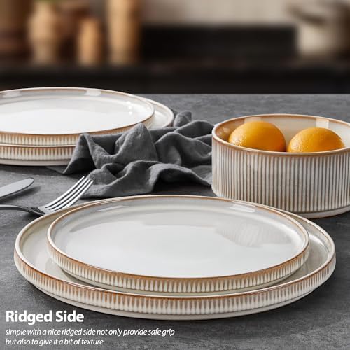 LIANYU Stoneware Dinnerware Sets with Pasta Bowls, 16 Piece Plates and Bowls Dishes Set for 4, Ribbed Dining Ware Dishware for Home, Microwave and Dishwasher Safe, Dawn Beige - Image 3