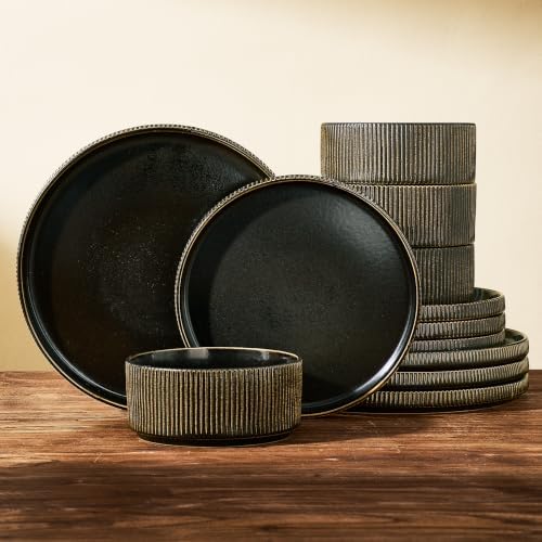 Dinnerware Set for 4, Reactive Glaze Plates and Bowls Sets by FamiwarePremium