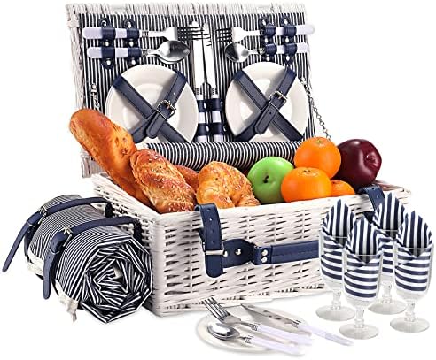 Picnic Basket for 4 with Waterproof Blanket, Blue & White Stripe by HYBDAMAI