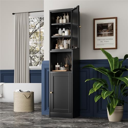 YAUWOH 2-Door Metal Storage Cabinet, Tall Slim Pantry Organizer with 3 Adjustable Shelves (120LBS/Shelf), Anti-Tipping Waterproof Cabinet for Bathroom/Kitchen/Home Office/Small Spaces, (1PC,Black) - Image 2