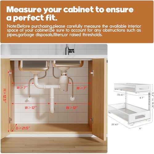 2 Pack 20.47IN Depth Under Sink Storage Organizer, Large 2-Tier Elegant Mesh Pull Out Shelf for Kitchen and Bathroom Cabinet Organization, L-Shaped and Adjustable Height Design-White - Image 2