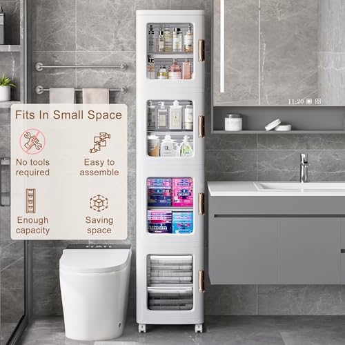 VECELO 4-Tier Narrow Storage Cabinet with Wheels, White - Image 3
