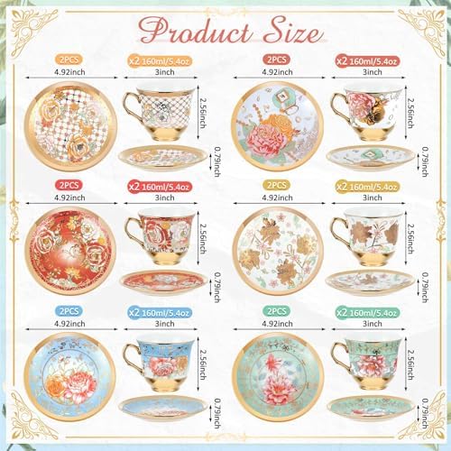 Teenyyou Set of 12 Tea Cups and Saucers, Stylish Style, 5.4 oz - Image 2