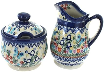 Blue Rose Polish Pottery - Blue Garden of Eden Cream & Sugar Set - 12 oz Creamer - Hand-Painted Polish Pottery Ceramic Creamer & Sugar Bowl with Lid by BlueRosePottery