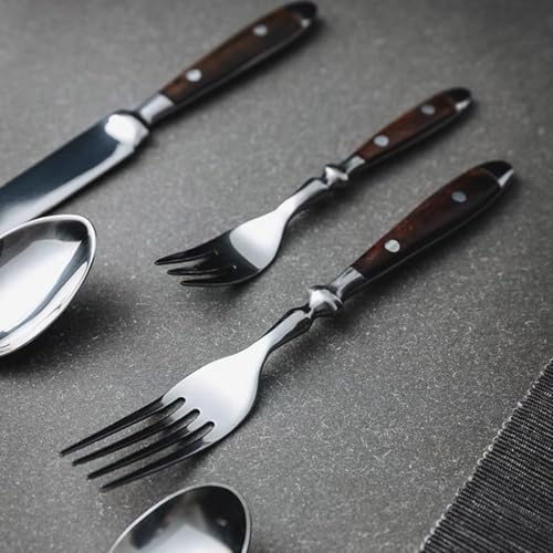 Rivet Brown Silverware Set for 12 Cutlery Set Wood Resin Handle Flatware 18/8 Stainless Steel Utensil Sets Mirror Polished Steak Tableware Spoons And Forks Set Home Hotel Restaurant 60 PCS - Image 5