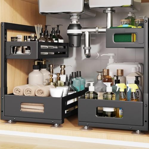 2 Pack Under Sink Organizer,Pull Out Cabinet Organizer with Smooth Cylindrical Rail,Metal Slide Out Drawer for Kitchen Bathroom Laundry Cabinet,8-Level Tool Free Height Adjustable-Black by UnderSinkOrganizer
