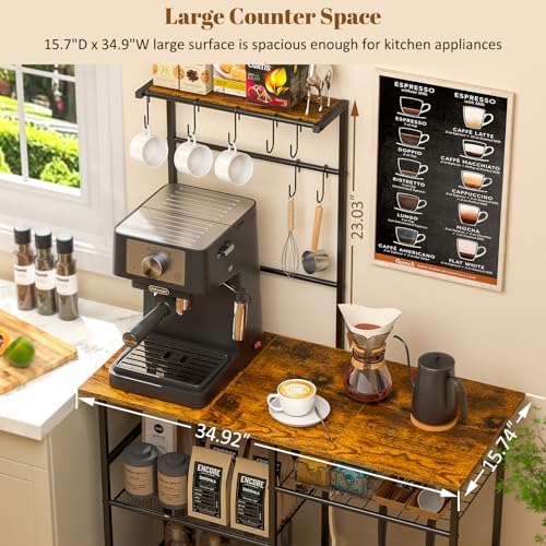 3IngSeagulls Baker's Rack for Kitchen with Storage, Microwave Stand with Adjustable Shelves and 10 S Hooks, 6-Tier Coffee Bar Station, Kitchen Shelves for Spices, Pots, Rustic Brown - Image 5