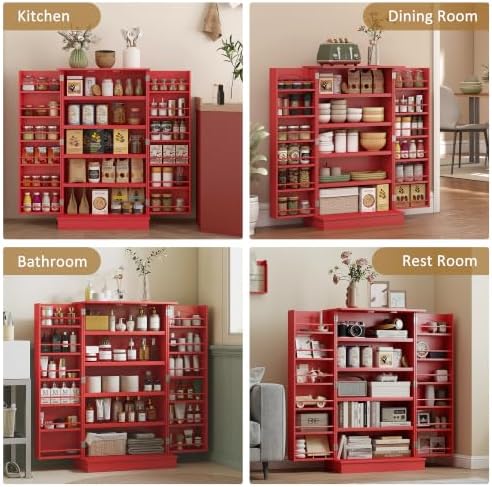 HOMCOM 41" Kitchen Pantry Storage Cabinet 12 Door Shelves Red - Image 7