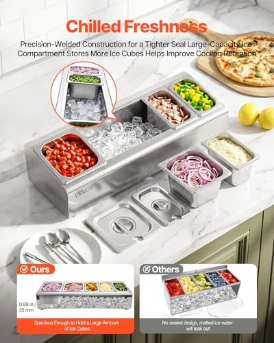 VEVOR Countertop Food Serving Display Container, Stainless Steel Food Salad Server Tray, Buffet Condiment Dispenser, Ice Cooled Rack with Separate Lid, for Restaurant Hotel Kitchen (2x1/6+3x1/9 Pan) - Image 2