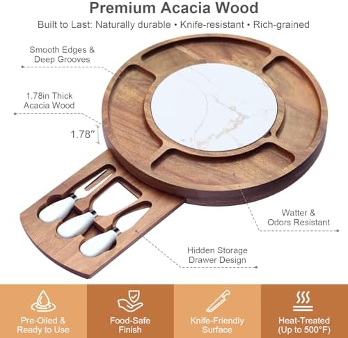 13.5" Round Acacia Wood Cheese & Charcuterie Board Set with Slate Chiller, Hidden Drawer & 420 Stainless Steel Knives/Forks - Ideal Wedding, Housewarming, Birthday Gifts - Image 5