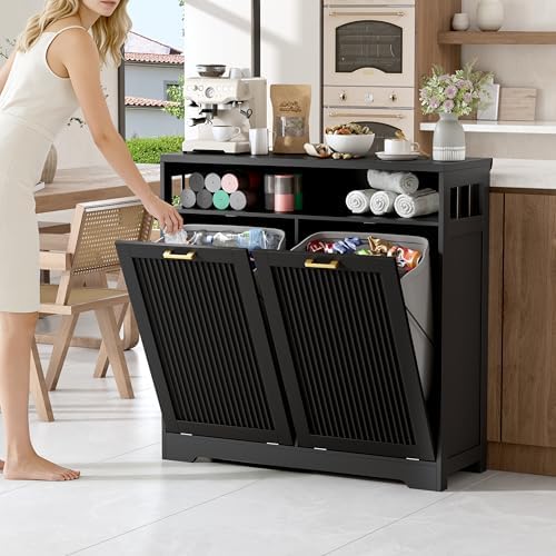 13 Gallon Double Tilt Out Trash Can Cabinet with Open Shelf & Storage - Pet Proof Hidden Recycling Cabinet & Wooden Laundry Hamper for Kitchen, Bathroom, Living Room, Black - Image 2