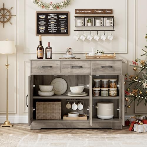 HOSTACK Kitchen Buffet Cabinet with Storage, Sideboard Coffee Bar, Grey - Image 4