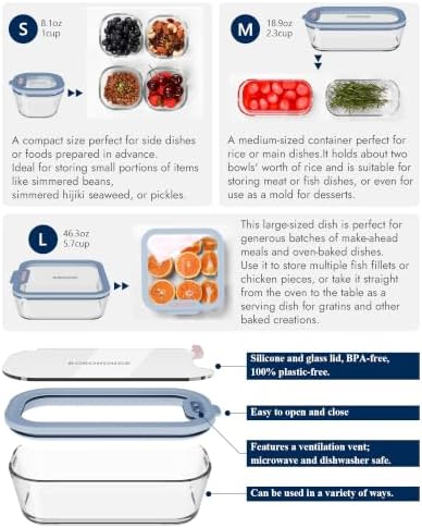 7-Pack Glass Food Storage Containers with Tempered Lids – Borosilicate, Airtight, Oven-Safe (-4°F~950°F), BPA-Free, 1Cup*4 & 2.3Cup*2 & 5.7Cup*1(Light blue) - Image 3