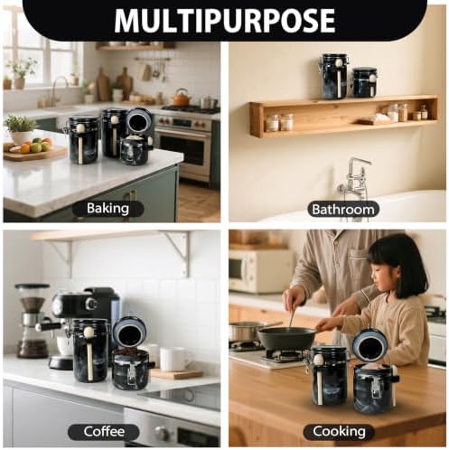 4 Piece Airtight Ceramic Canister Set With Attached Wooden Spoon Reusable Chalk Labels For Dry Goods Sugar Coffee Tea Kitchen Storage Use (Marble Black) - Image 4