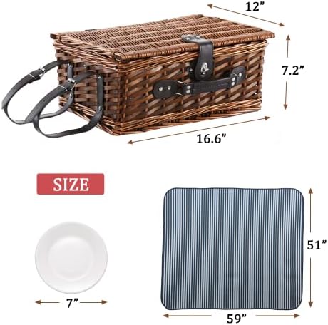 Picnic Basket for 4 with Waterproof Blanket, Blue &Grey Stripe - Image 3