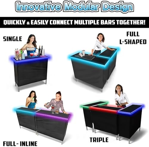 PARTYPONG Folding Portable Double Bar w/LED Lights, Wireless Remote, 2 Bar Skirts, Storage Shelf, & Carrying Case - Black - Image 3